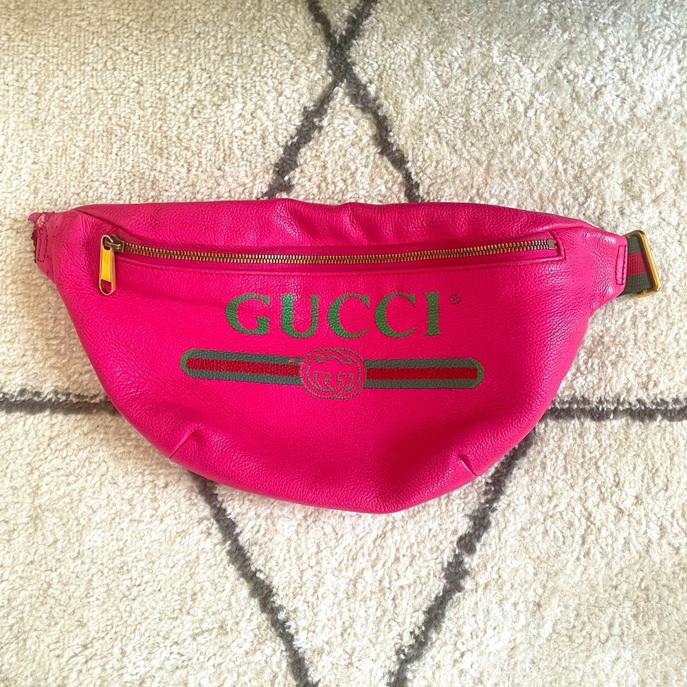 Gucci Grained Calfskin Small Logo Belt Bag Box Pink Green